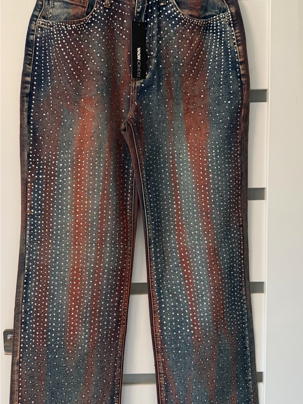 Fashion Nova Women Straight Jeans in Blue & Red with Rhinestones